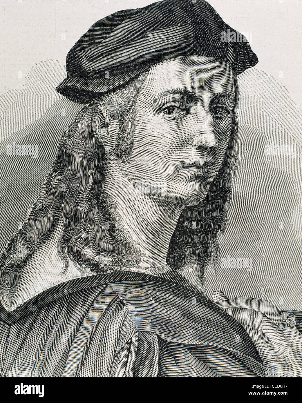 Raphael (1483-1520). Italian painter and architect of the High Renaissance. Portrait. Engraving. Stock Photo