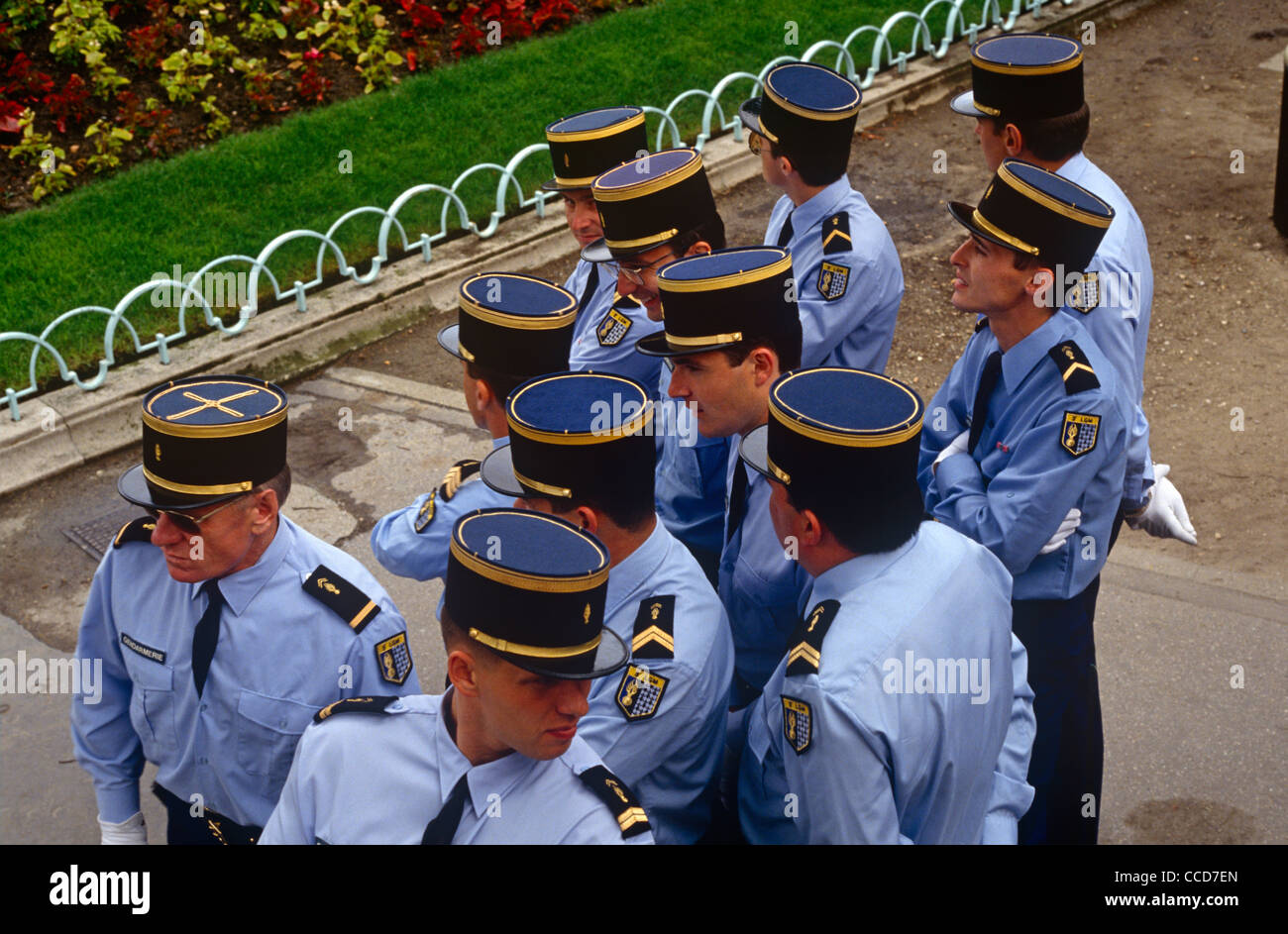 A group of Gendarme officers during the annual Bastille Day celebrations though the streets of the French capital . Stock Photo