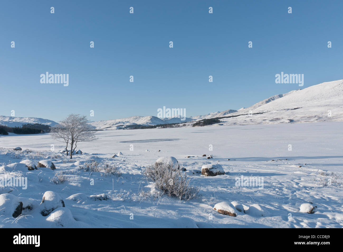 Snow covered frozen Loch Tulla nr Bridge of Orchy Argyll & Bute Scotland Stock Photo