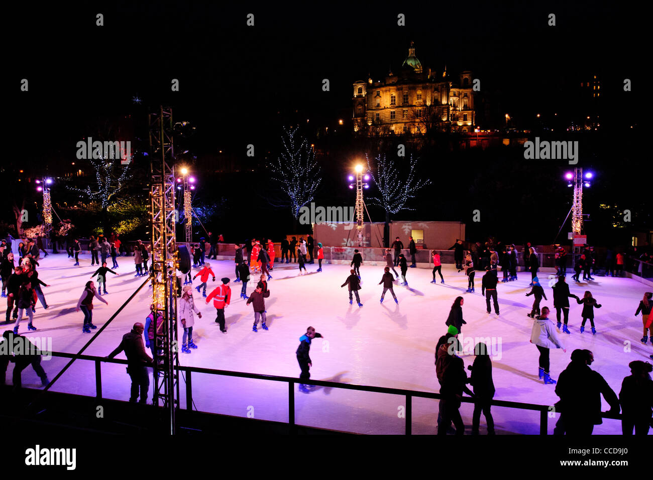 People skating on the ice rink in Princes Street Gardens in Edinburgh