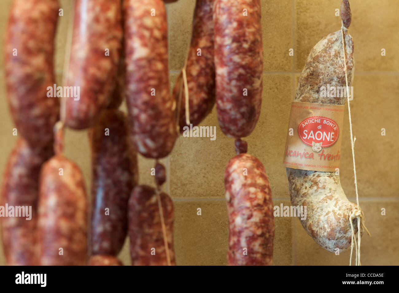 exposition of "salame all'aglio" at delicatessen of Saone, Giudicarie, Trentino, Italy, Europe Stock Photo