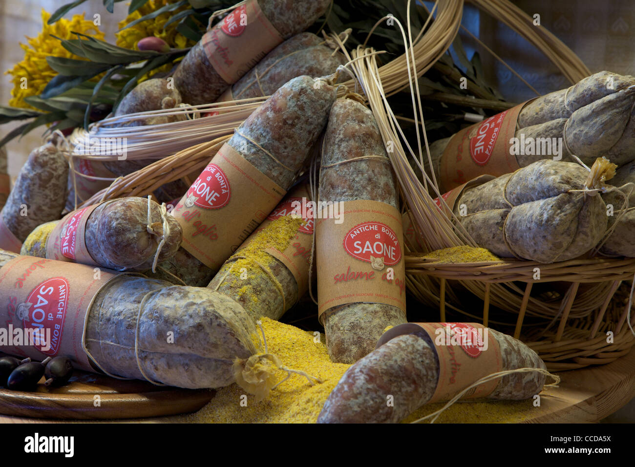 exposition of "salame all'aglio" at delicatessen of Saone, Giudicarie, Trentino, Italy, Europe Stock Photo