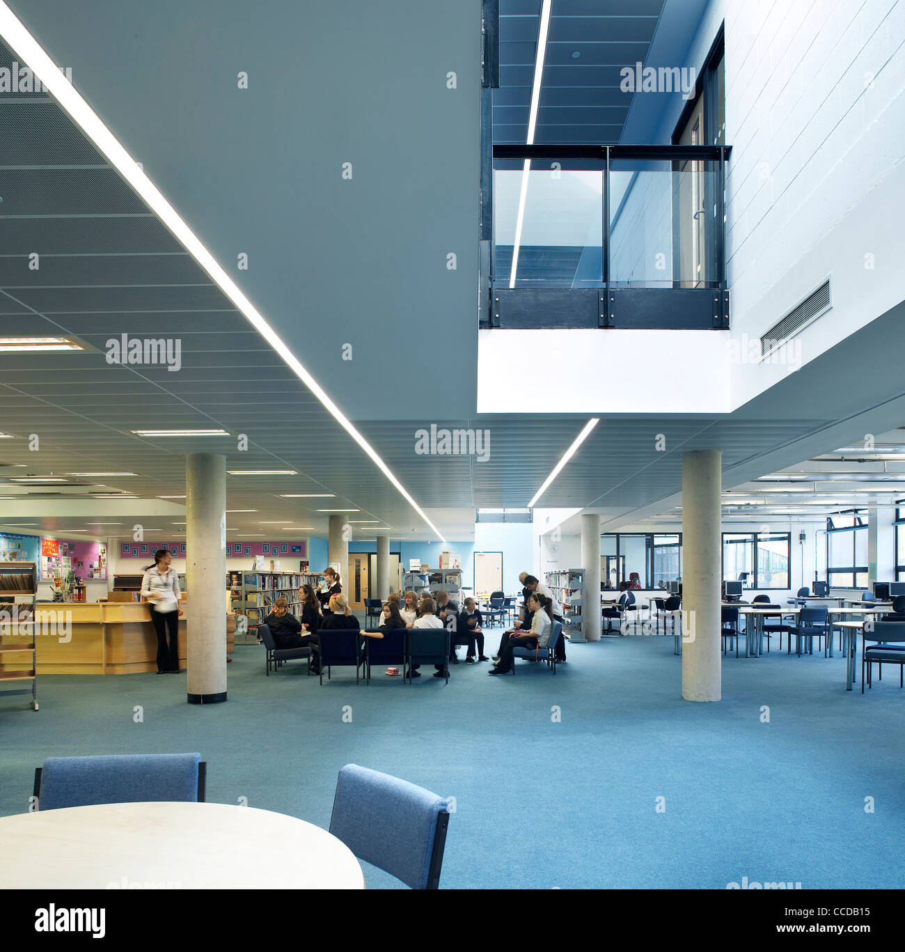 brislington enterprise college, flacq architects bristol, 2008. interior shot showing group students in the spacious library Stock Photo