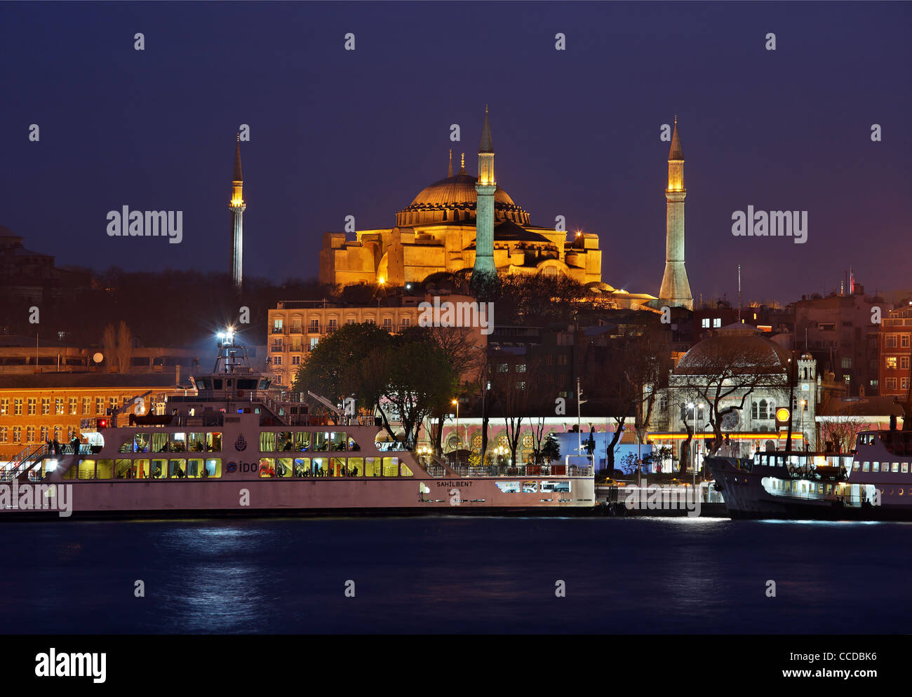 Hagia Sophia in the blue hour, Istanbul, Turkey. Photo taken from the Golden Horn, right next to Galata bridge. Stock Photo