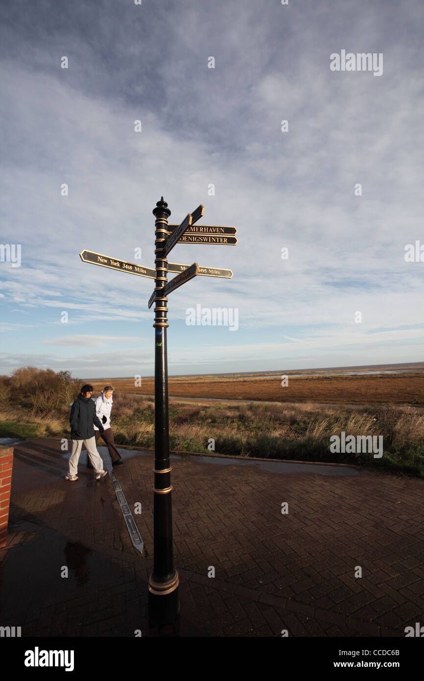 Sign next to the Greenwich Meridian installation at Cleethorpes Stock Photo