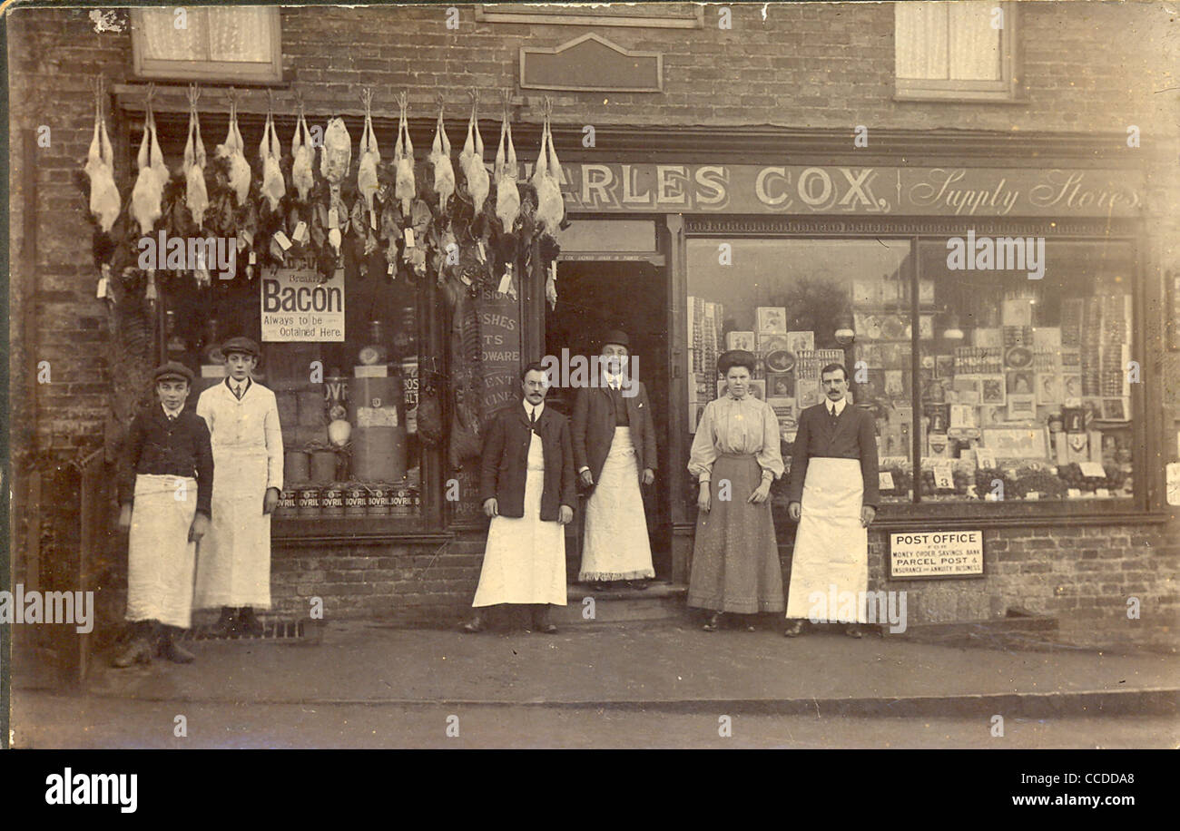 Cabinet photograph of Charles Cox, Supply Stores and Post Office.    In manuscript on verso is Port Vale Supply Stores 1890s Stock Photo