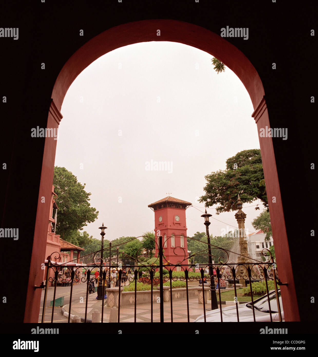 Clock Tower in Dutch Square in Malacca Melaka in Malaysia in Far East Southeast Asia. Travel Stock Photo