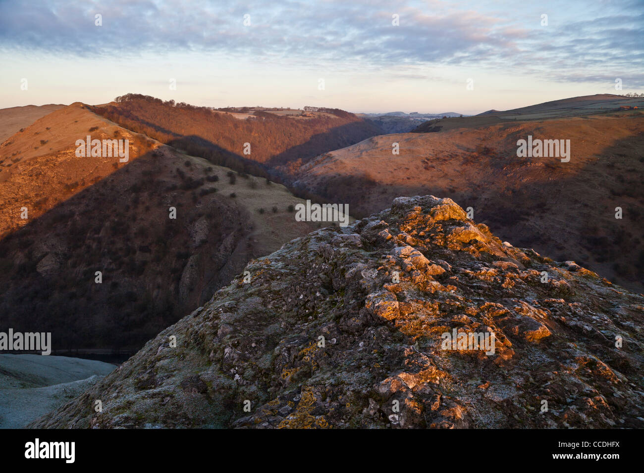 Dovedale from the summit of Thorpe Cloud at dawn, Peak District National Park, Derbyshire Stock Photo