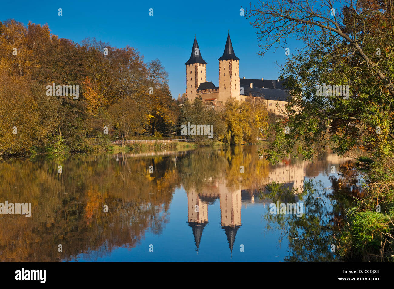 View over the Zwickauer Mule river to the Rochlitz castle, more than 1000 years old, Rochlitz, Saxony, Germany, Europe Stock Photo