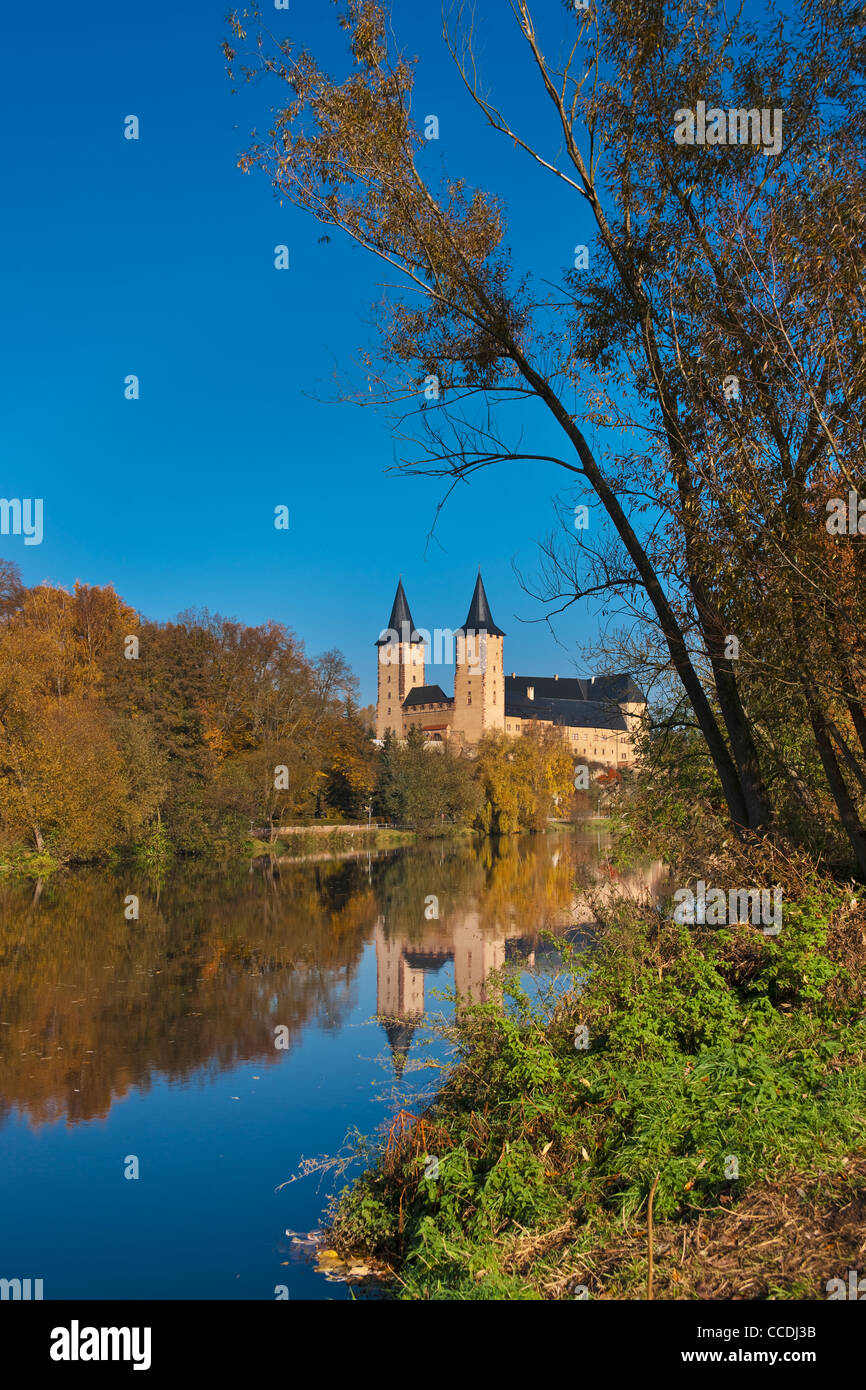 View over the Zwickauer Mulde river to the Rochlitz castle, more than 1000 years old, Rochlitz, Saxony, Germany, Europe Stock Photo
