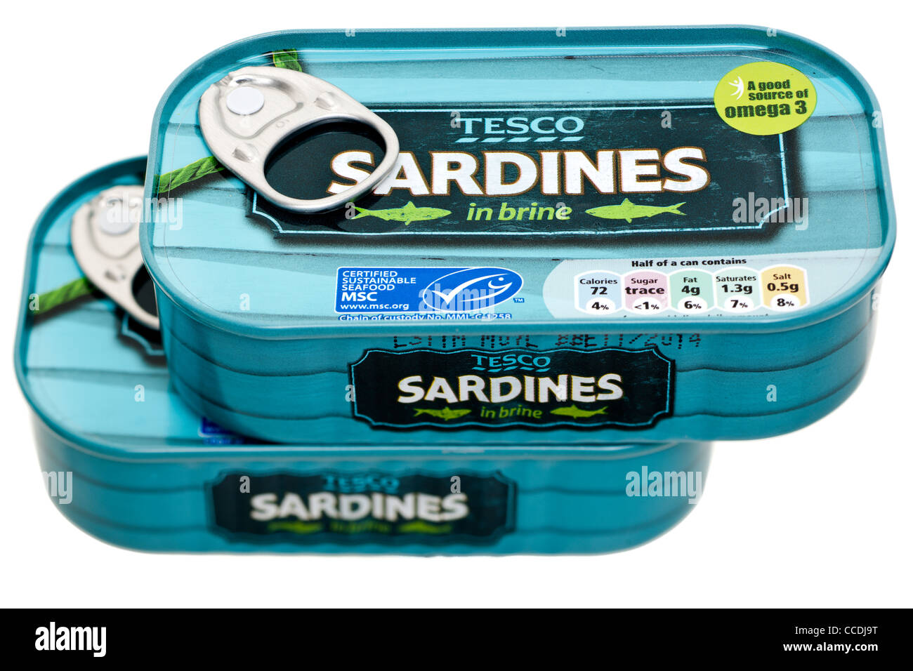 Two tins of Tesco sardines in brine Stock Photo Alamy