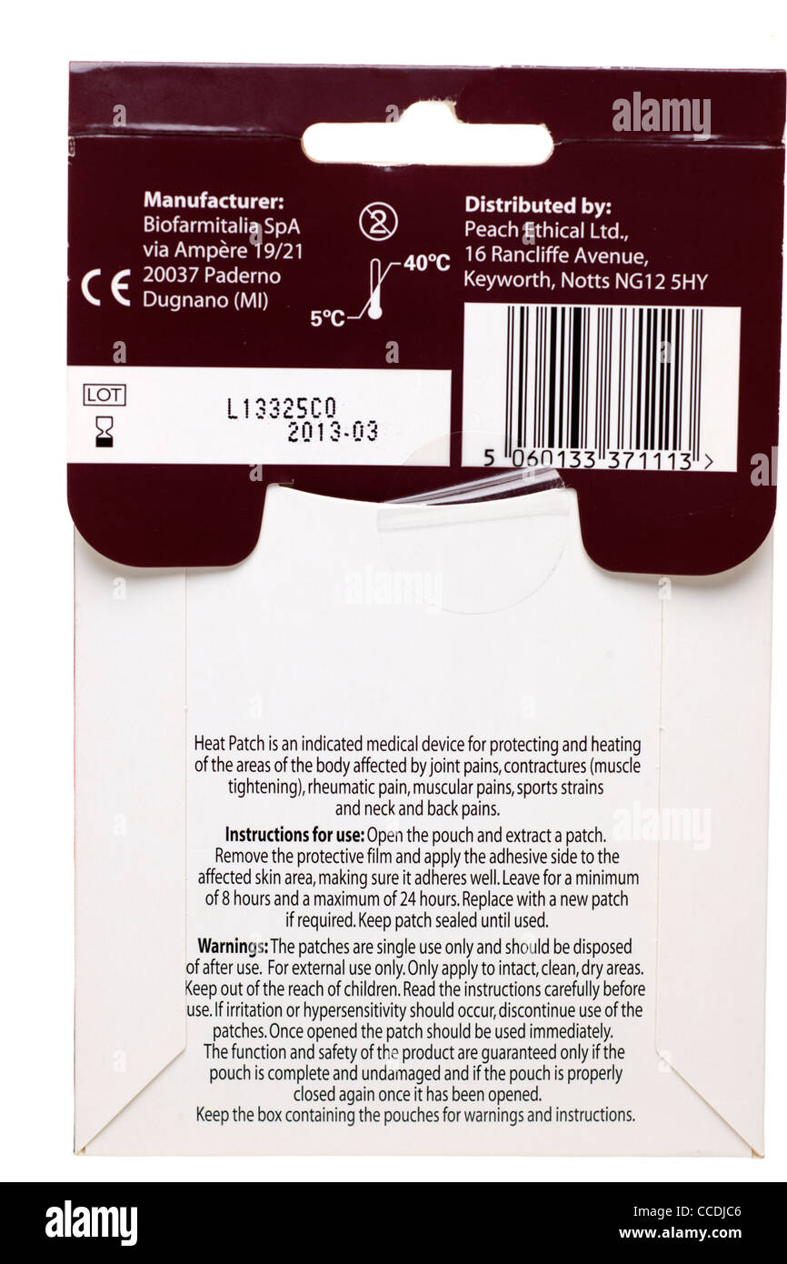 Instructions for using stick on heat patches for relief of arthritic and muscular pain Stock Photo