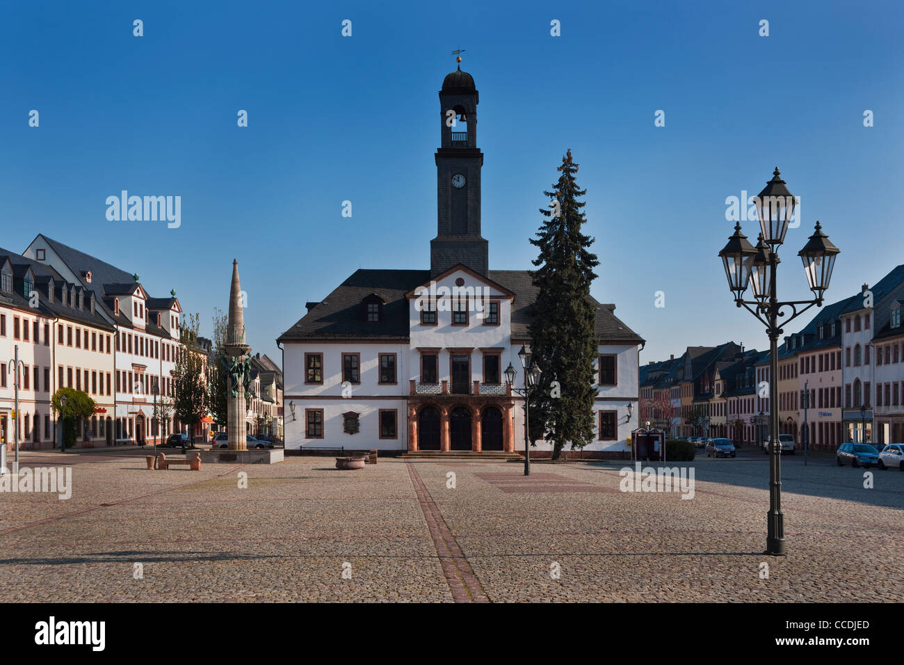 View from the marketplace to the city hall of Rochlitz build in 1828, Rochlitz, Saxony Germany Europe Stock Photo