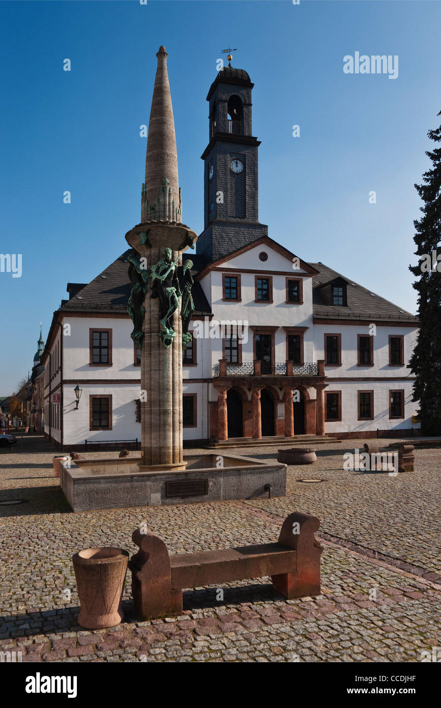View from the marketplace to the city hall of Rochlitz build in 1828, Rochlitz, Saxony Germany Europe Stock Photo