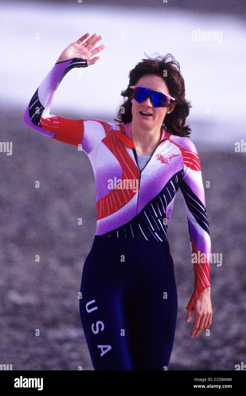 Bonnie Blair USA after winning the gold medal in the 1000m at the 1992 Olympic Winter Games