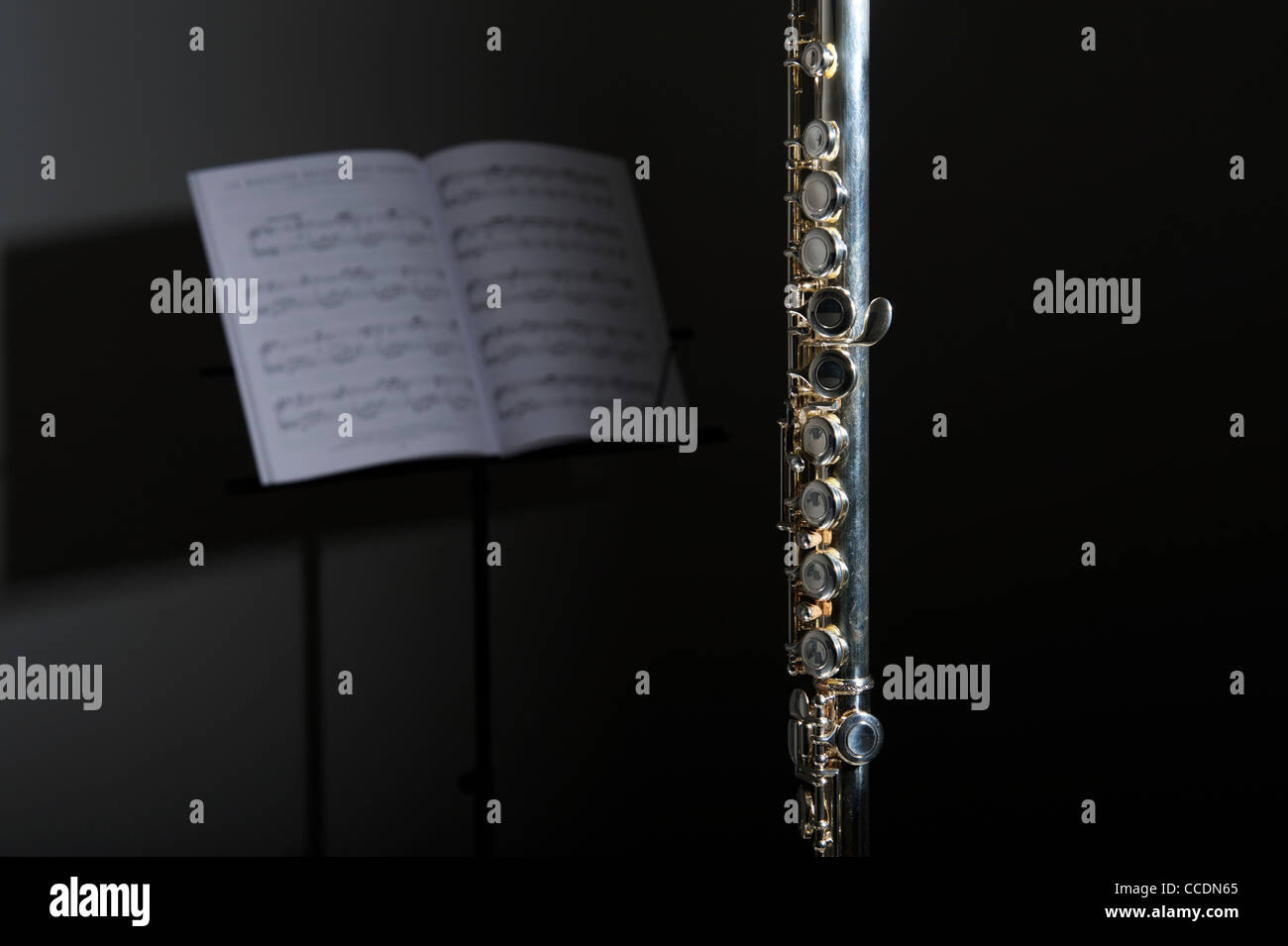 Flute with sheet music in the background Stock Photo - Alamy