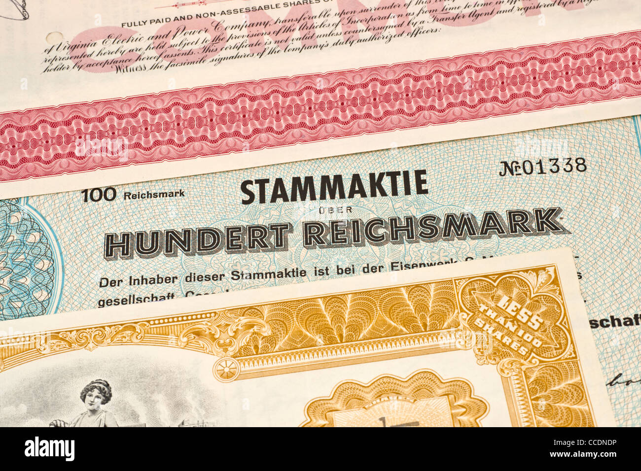 Detailansicht verschiedener alter Aktien | detail photo of some old shares Stock Photo