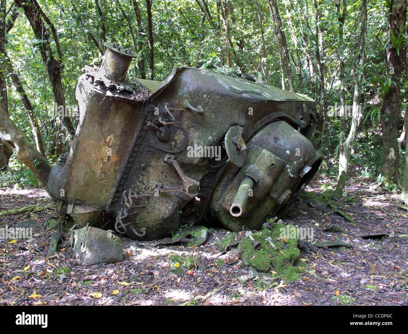 Remains of a battle tank destroyed by a land mine during World War II in the battle of Peleliu. Stock Photo
