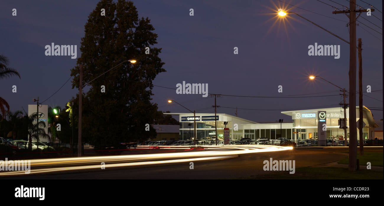 Dusk, exterior, Car Dealership, Wagga Wagga NSW Australia Stock Photo