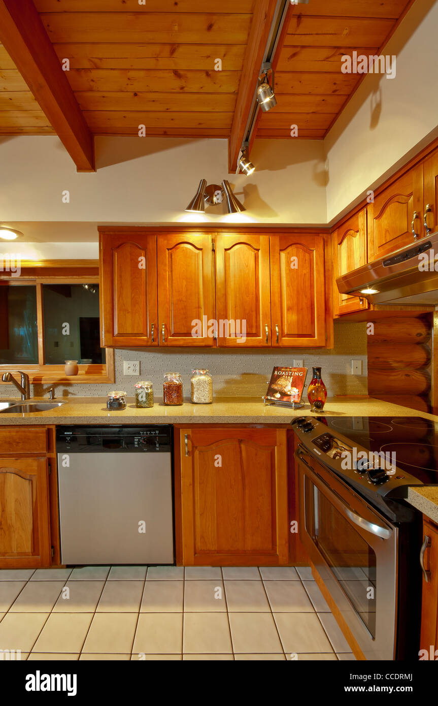 Kitchen Appliances Cherry Wood Cabinets Ceramic Tile Floor Wood