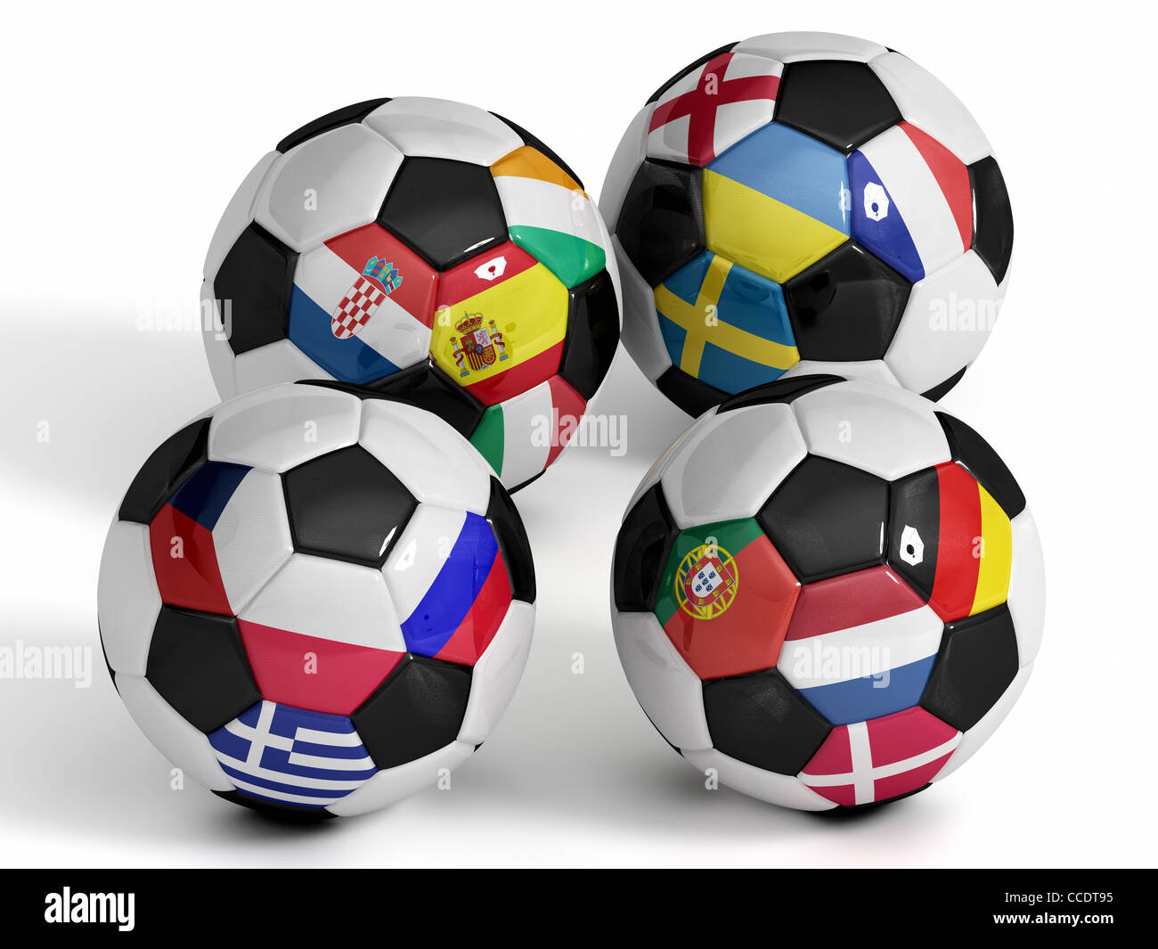 Four soccer balls with the sixteen flags of the competing teams of the 2012 European Soccer Championship Stock Photo
