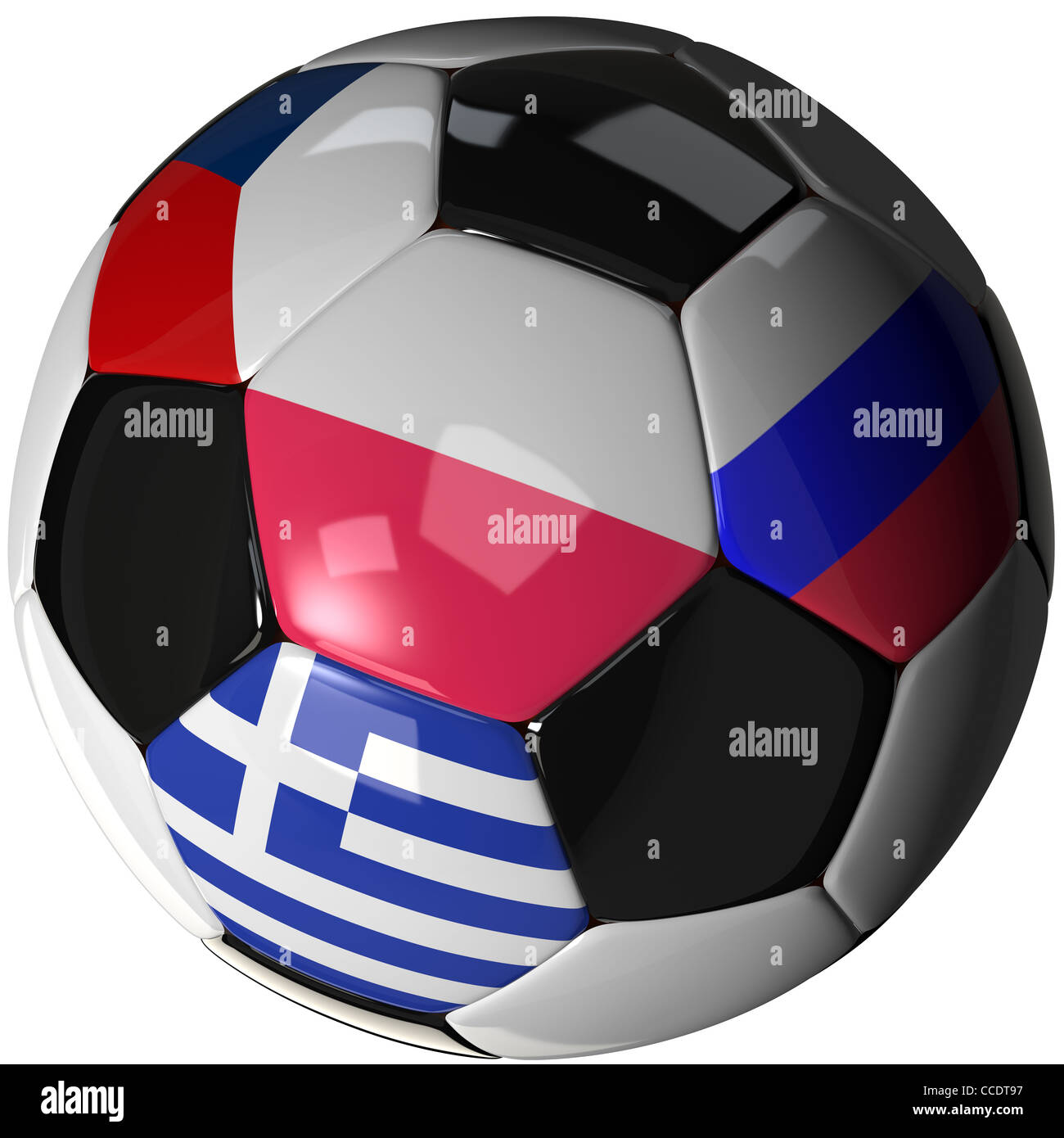 Soccer ball with the four flags of the competing teams in group A of the 2012 European Soccer Championship Stock Photo
