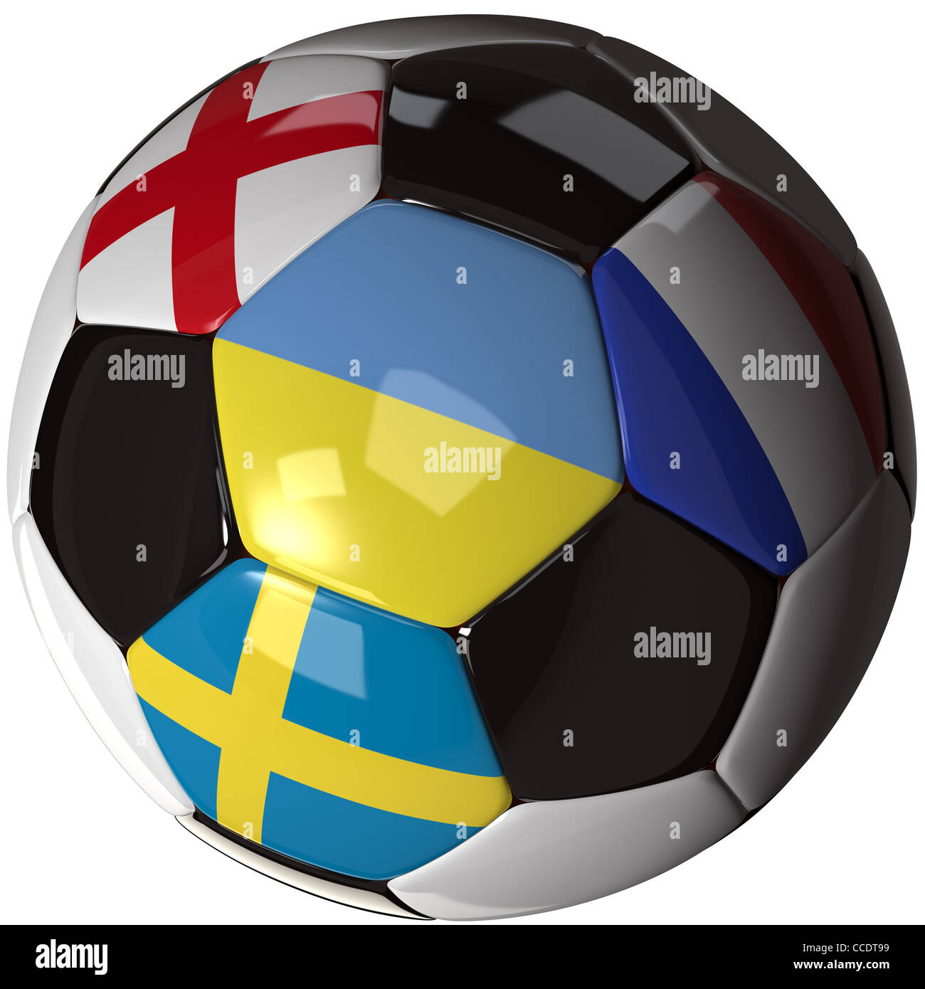 Soccer ball with the four flags of the competing teams in group D of the 2012 European Soccer Championship. Stock Photo