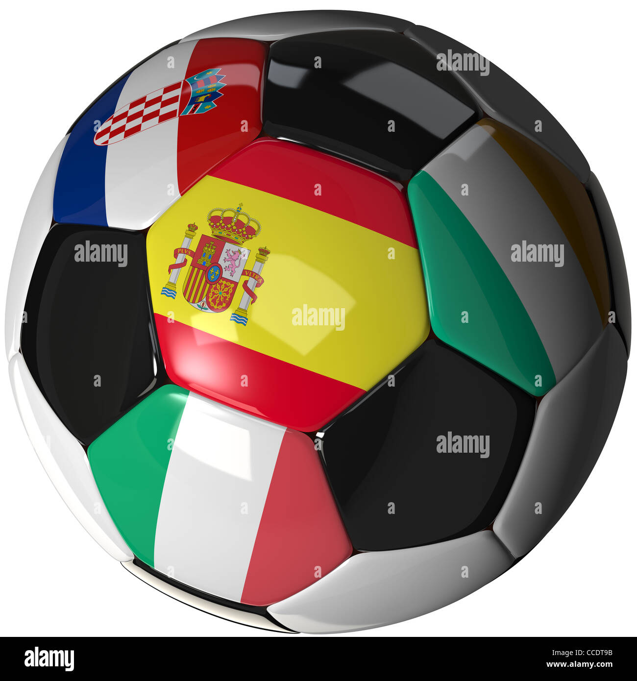 Soccer ball with the four flags of the competing teams in group C of the 2012 European Soccer Championship. Stock Photo
