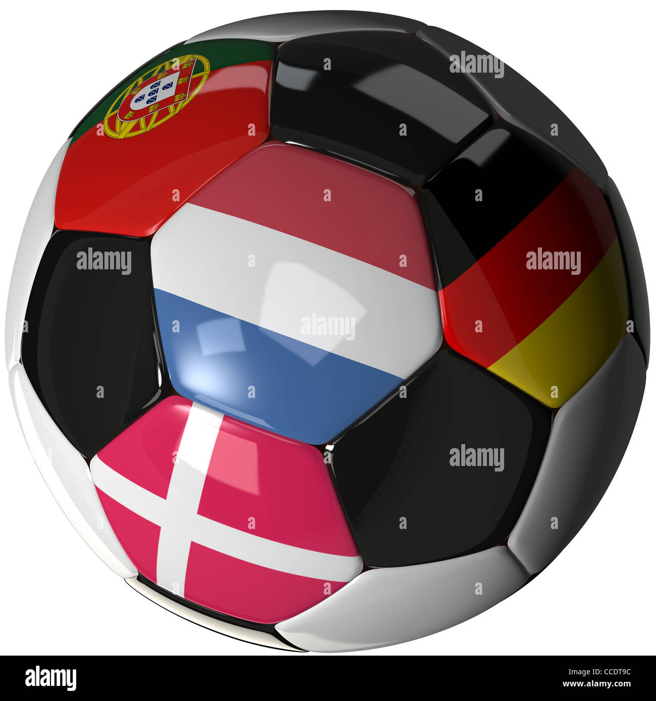 Soccer ball with the four flags of the competing teams in group B of the 2012 European Soccer Championship. Stock Photo