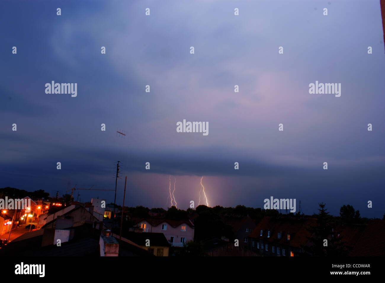 Town and lightning strike, sky Stock Photo - Alamy