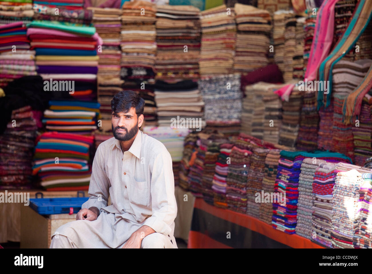 Textile vendor, Murree, Punjab Province, Pakistan Stock Photo