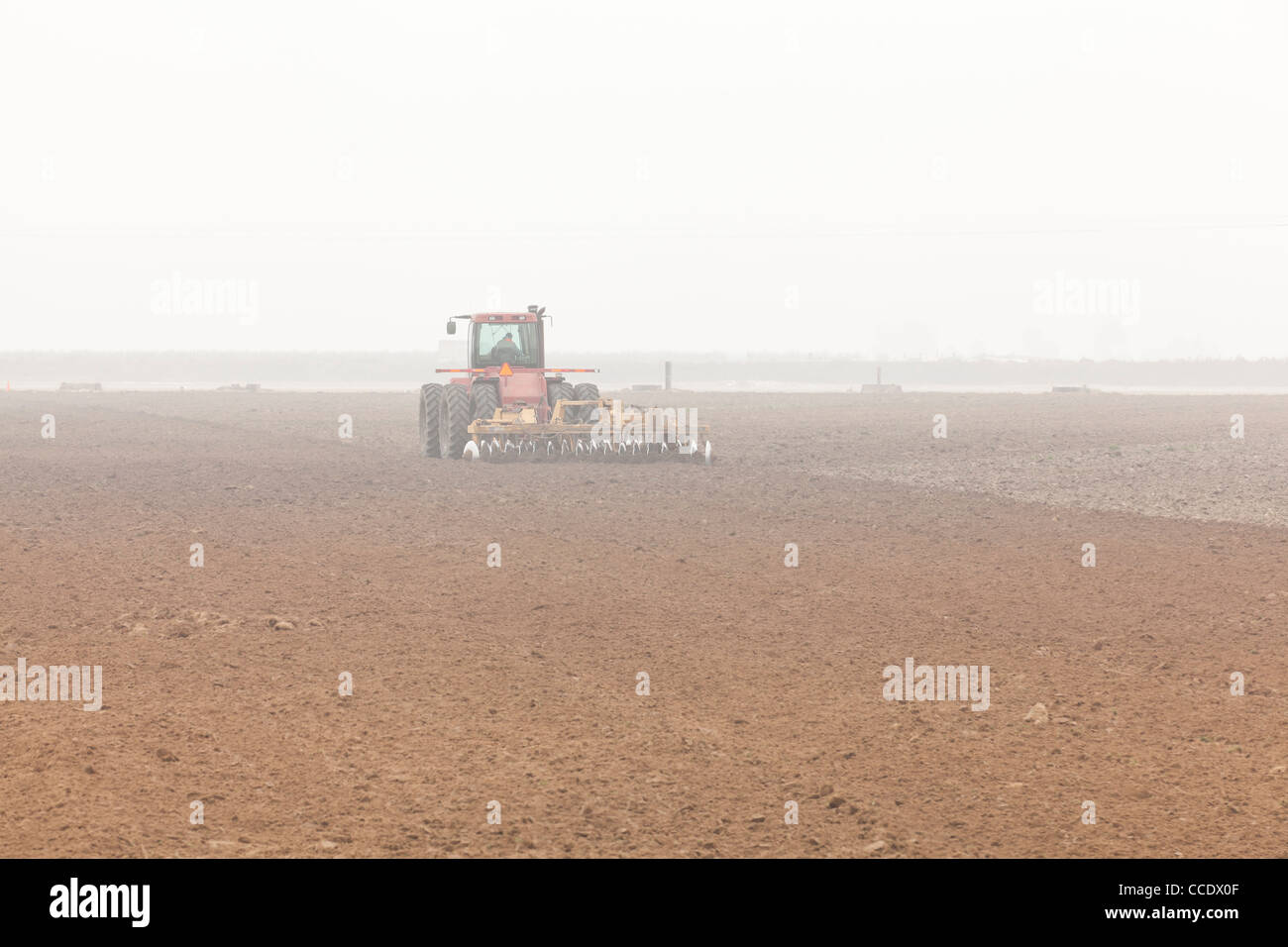 Tractor tilling field on foggy morning Stock Photo