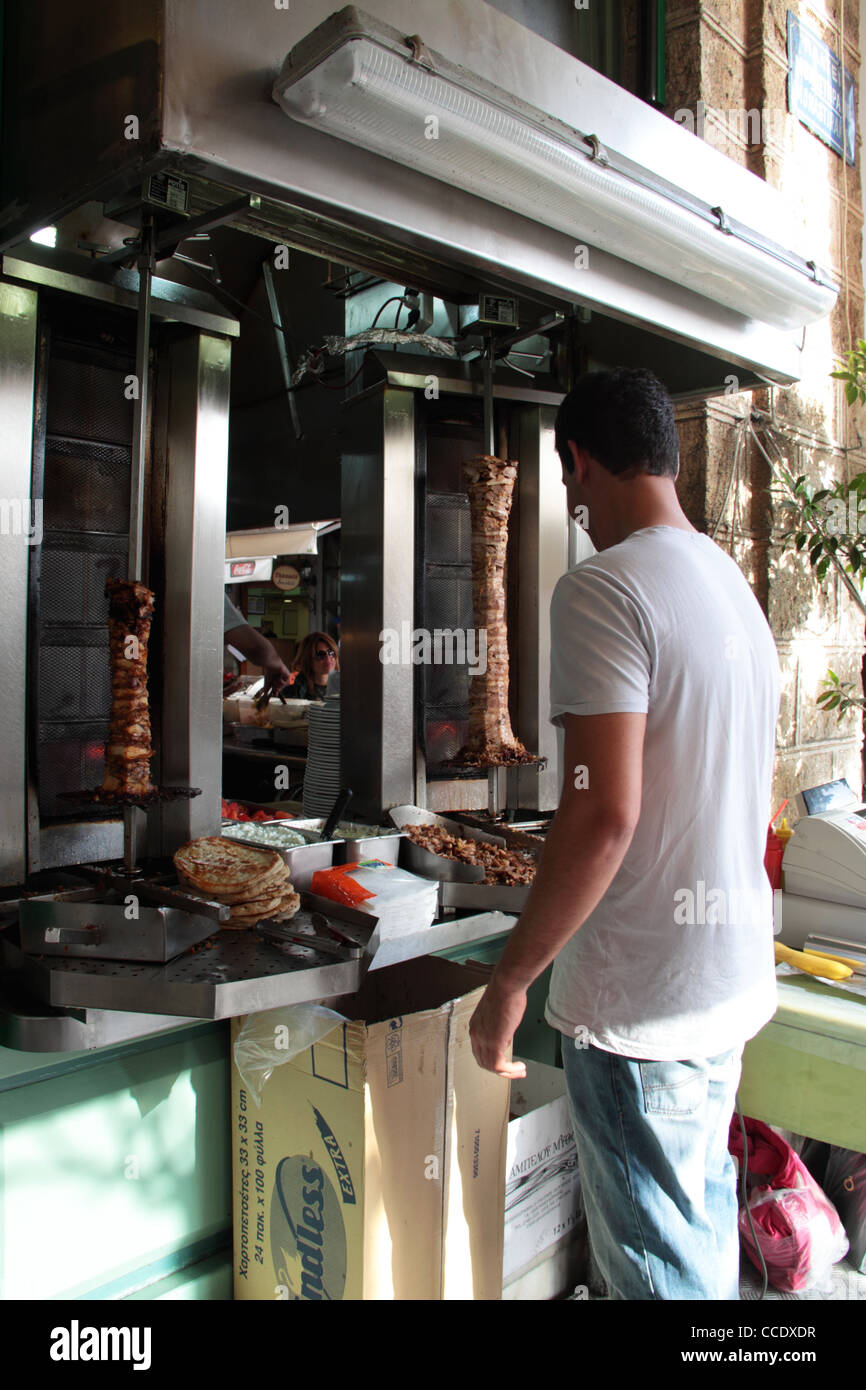 Gyro (dish of meat roasted on a vertical spit), pita, Bairaktaris Tavern, Monastiraki Square
