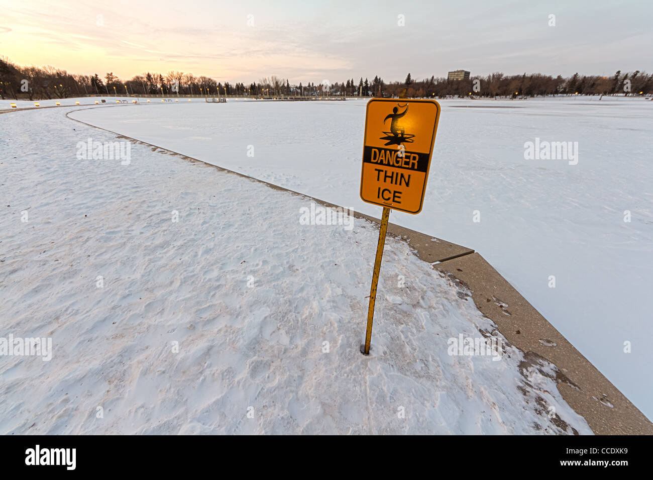 Wascana lake frozen on a cold January day during winter in Regina, Canada. Stock Photo