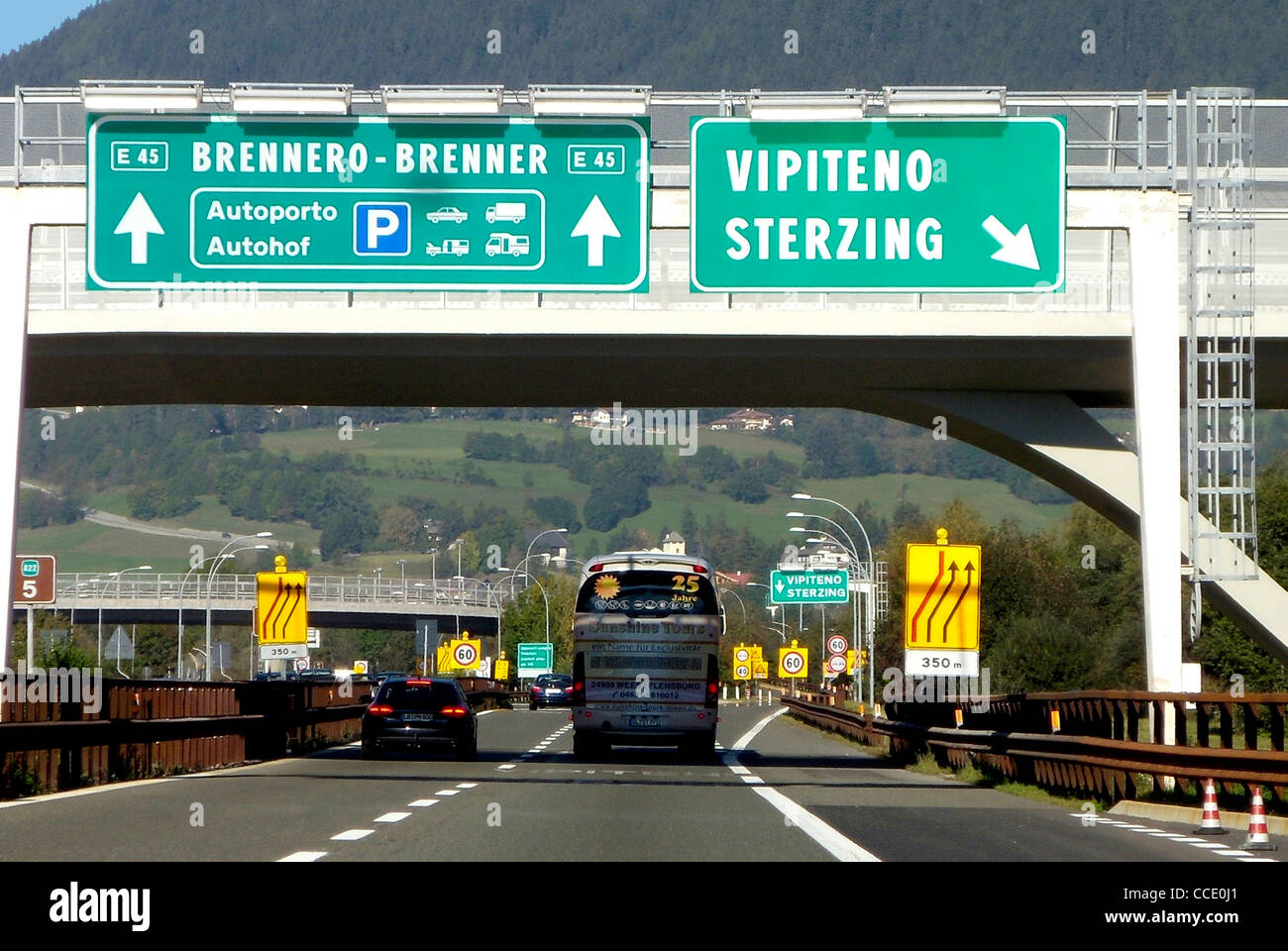 Motor traffic at the Italian tollhouse at the Brenner at Sterzing. Stock Photo