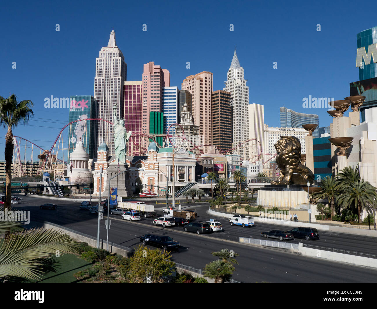 The colorful facade of the New York New York hotel and casino dominates the north west side of the Las Vegas blvd and Tropicana Stock Photo