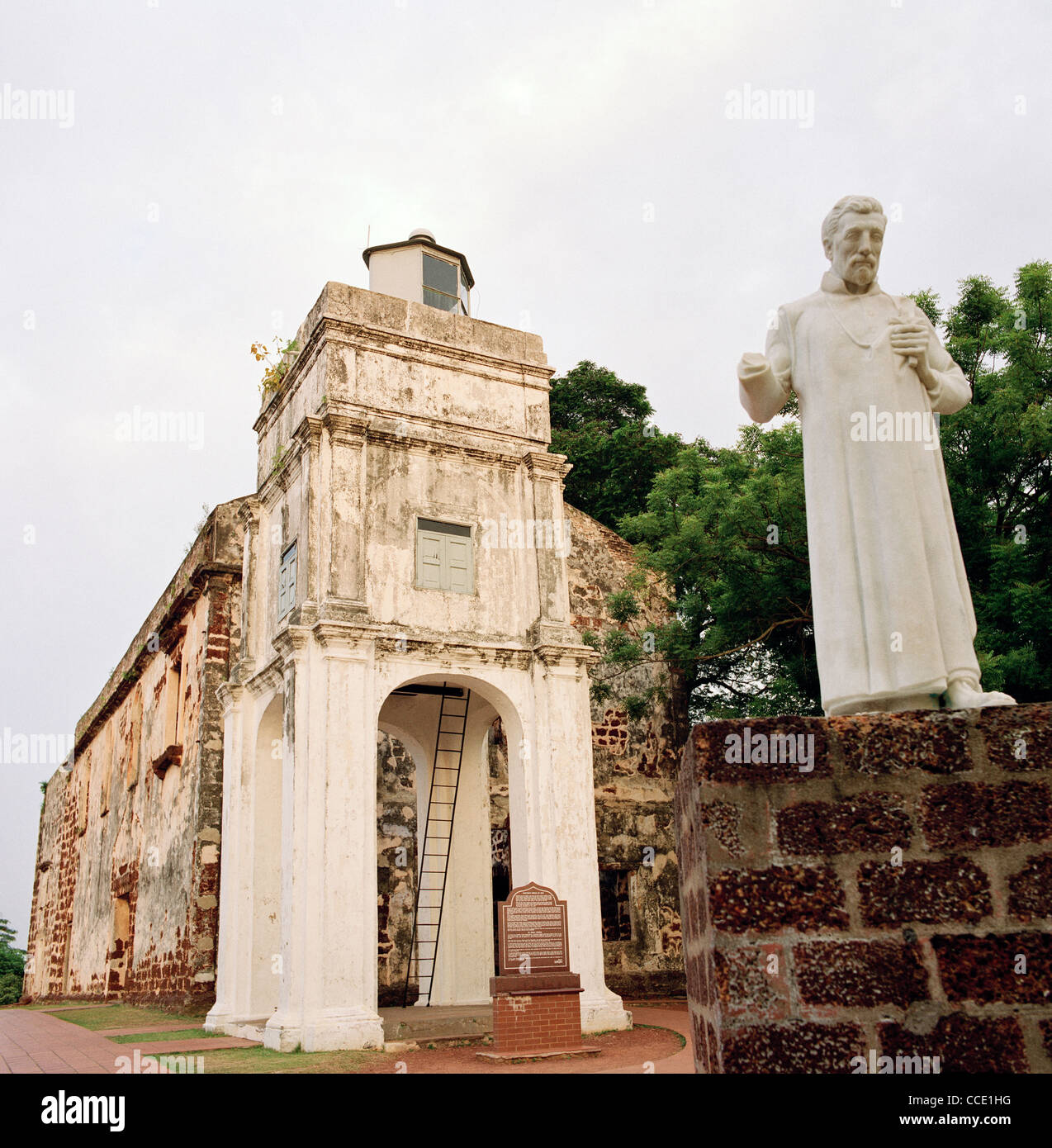 Statue of the Jesuit Christian St Francis Xavier outside the ruins of