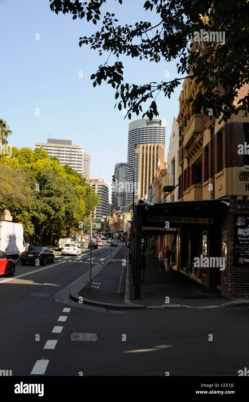 A row of Victorian small shops with its veranda in George Street in The Rocks, a historic suburb of Sydney in New South Wales, Australia. Stock Photo