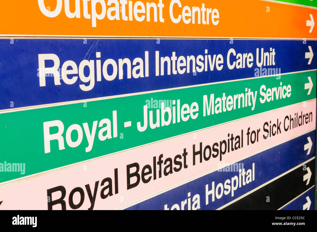 Signs at a Royal Victoria Hospital for Outpatient centre, Regional Intensive Care Unit, Royal Jubilee Maternity Service Stock Photo
