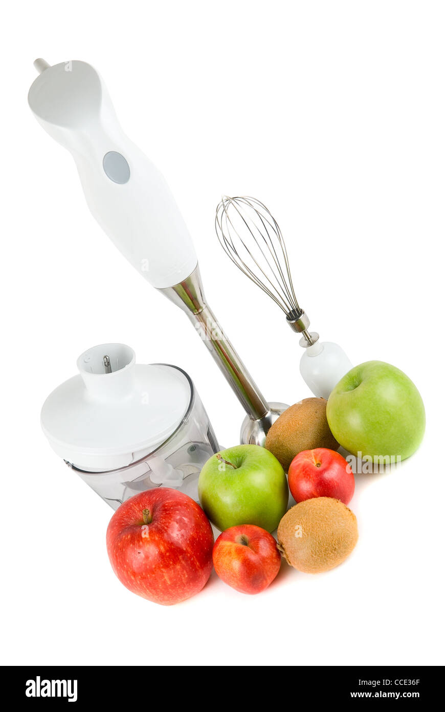 Fruits and blender ready for smoothie on white background Stock Photo