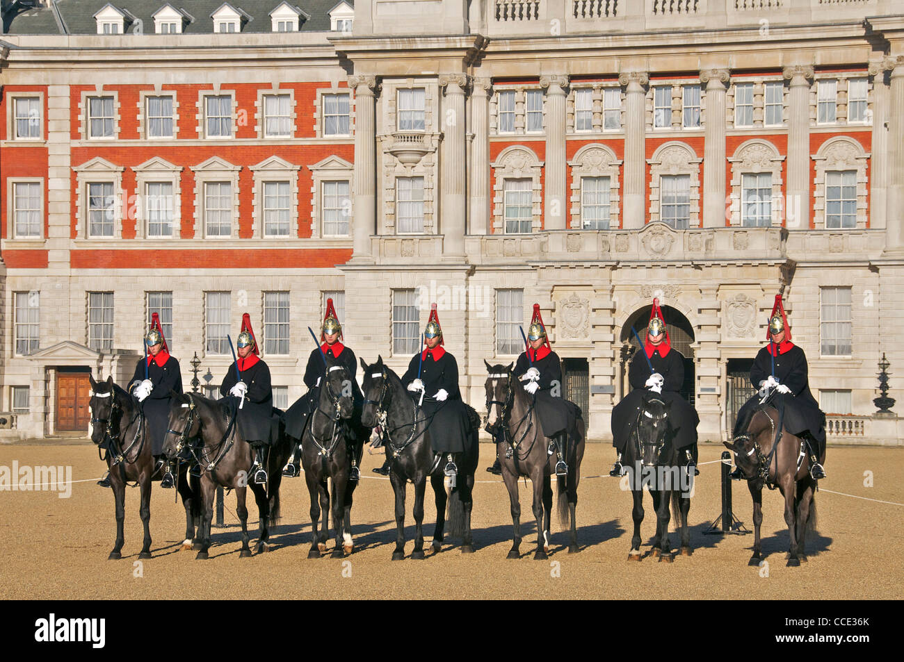 Seven guardsmen on horseback Horse Guards Parade London England Stock Photo