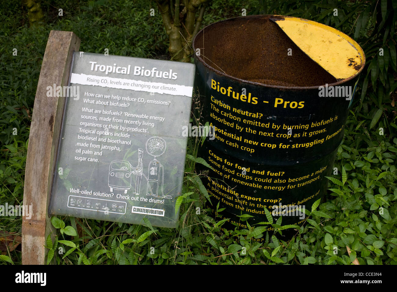 Eden project, inside rainforest biome, with notice and barrel about biofuels Stock Photo