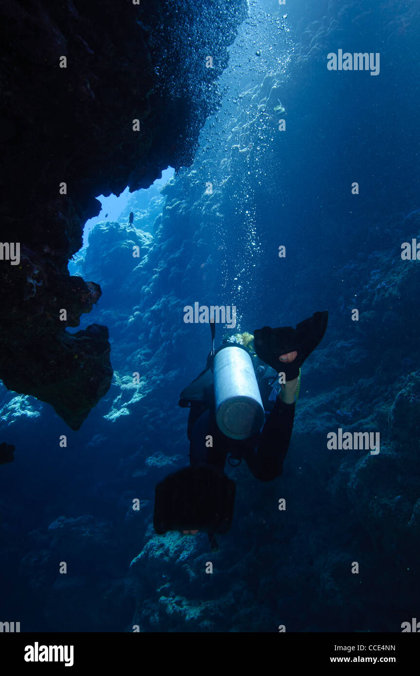 Diver exploring an underwater cave. Great barrier reef, australia Stock