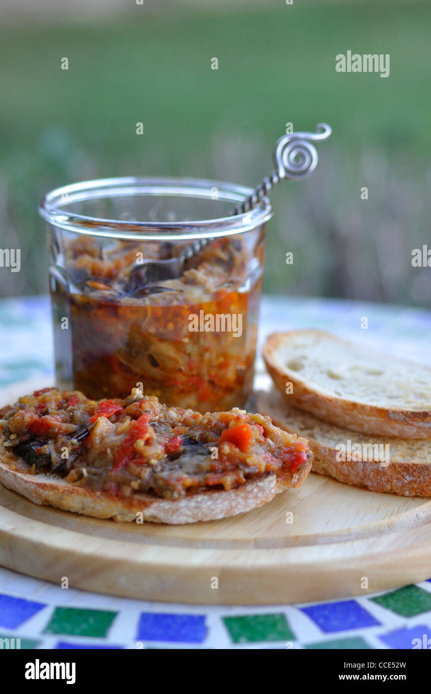 Roasted eggplant spread with bread toasts Stock Photo Alamy