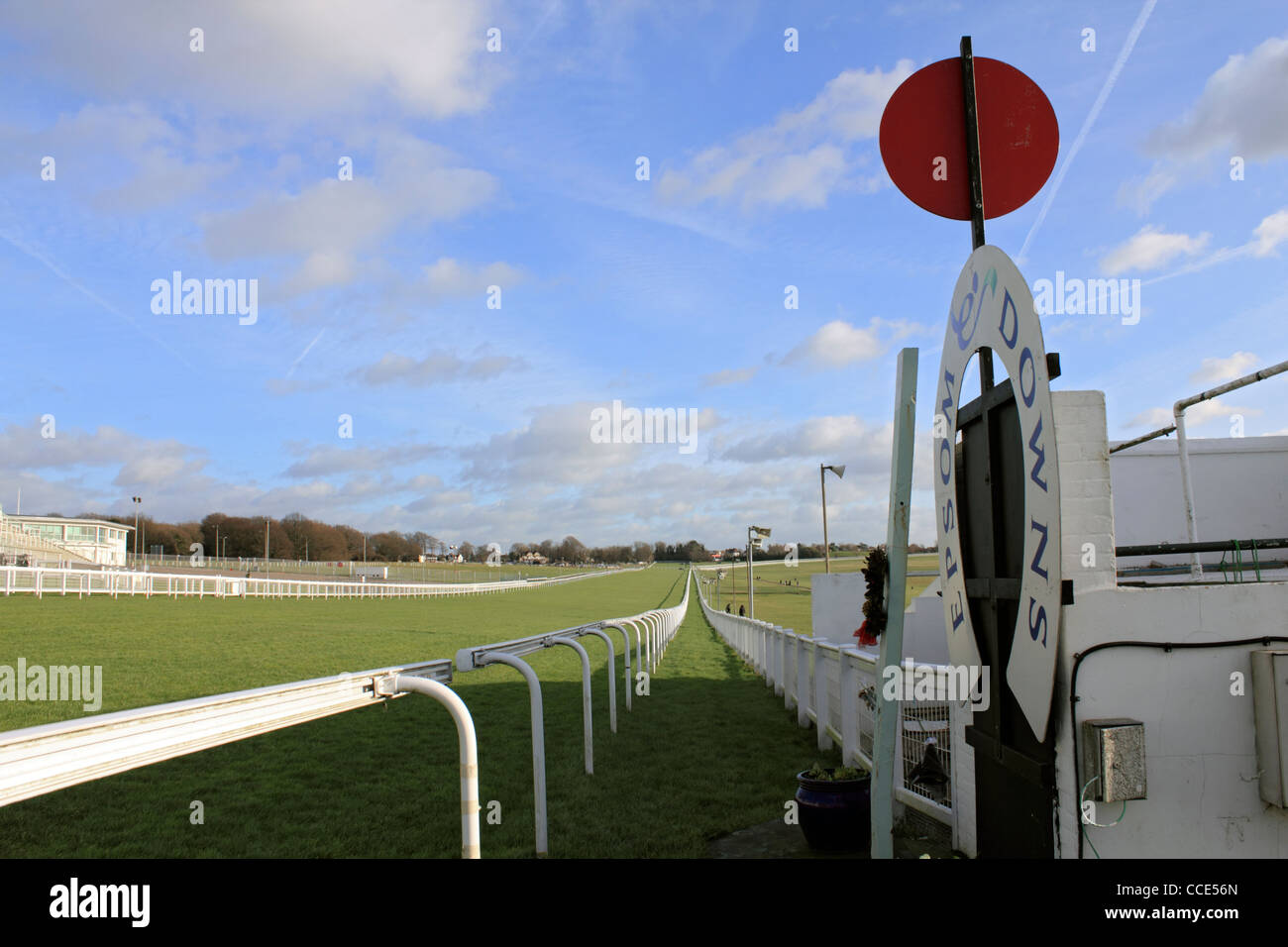 The winning post at Epsom Downs - home of the Derby horse race. Surrey England UK Stock Photo