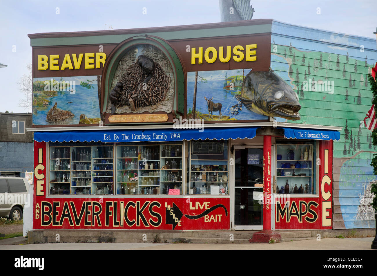 The Beaver House in Grand Marais, Minnesota, which is along Lake Superior, is a shop which sells fishing equipment. Stock Photo