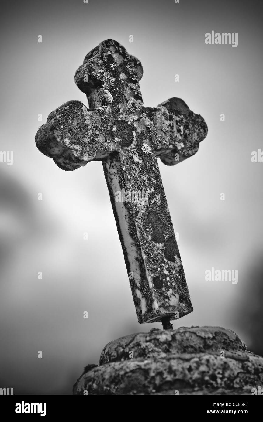 Stone cross closeup. Black and white. Stock Photo