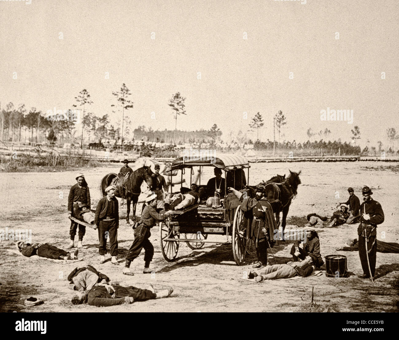 Ambulance drill at Headquarters Army of Potomac, near Brandy Station, Virginia March, 1864, USA Civil War Stock Photo