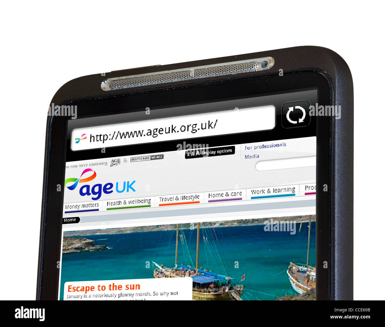 The Age UK charity website (an amalgamation of Age Concern and Help the Aged) viewed on an HTC smartphone Stock Photo