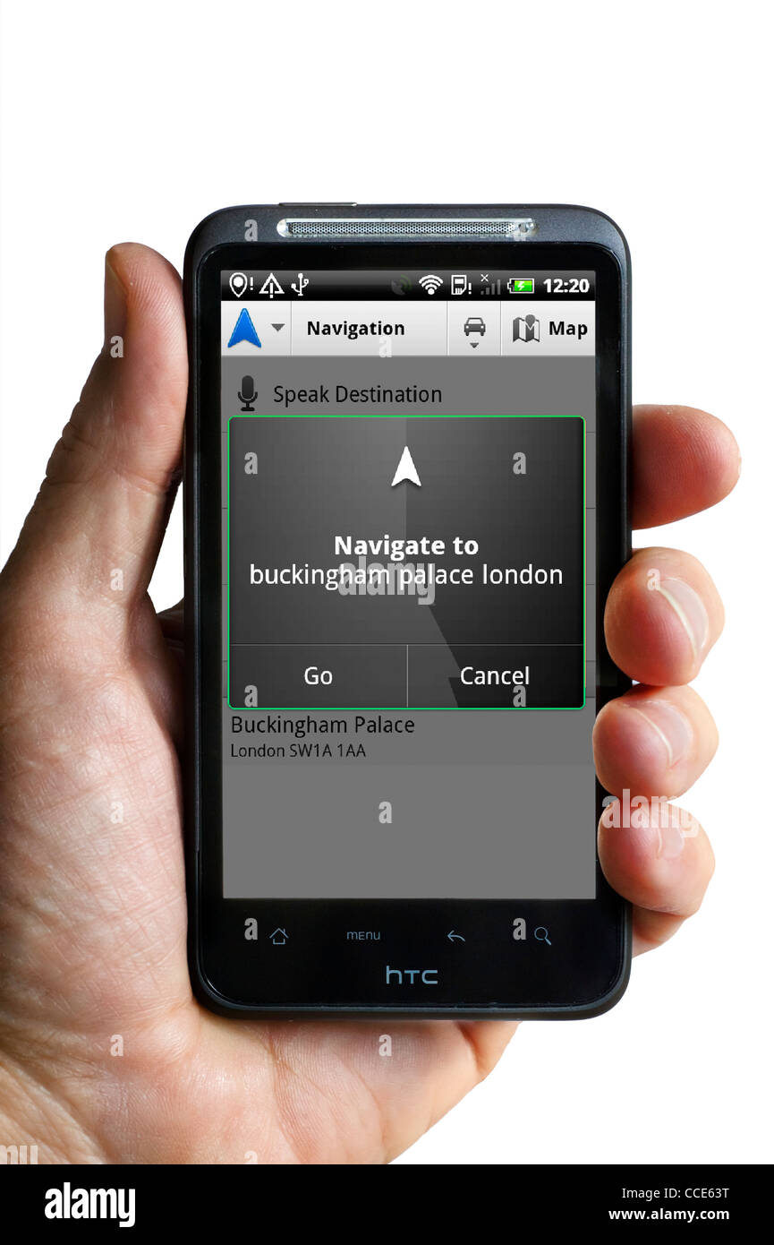 Voice recognition on Google Maps Navigation with an HTC smartphone Stock Photo